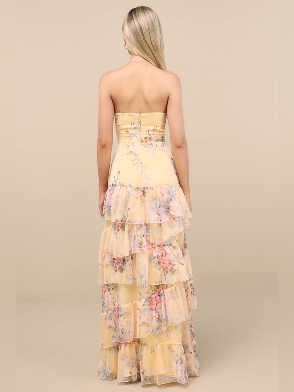 NWOT Lulus Niyati Yellow Floral Strapless Tiered Maxi Dress Size XL - Picture 2 of 8